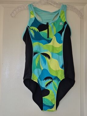 Girls One-Piece Swimsuit with Tropical Print and Front Zip NWT
